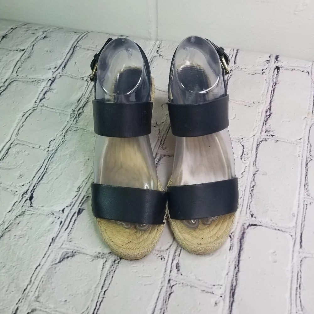 Celine black leather double strap wedge espadrille sandals